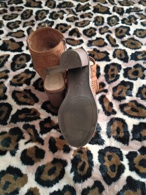 Tan Women's Perforated Block Heel Sandals